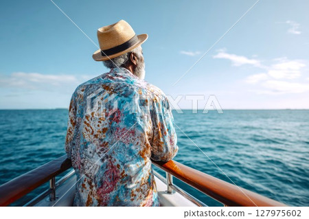Successful senior man looking at sea, standing on private boat, luxury yacht travel concept, summer vacation 127975602