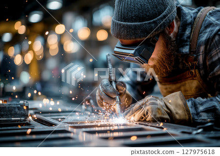 一名男焊工在工廠工作，濺出火花 127975618