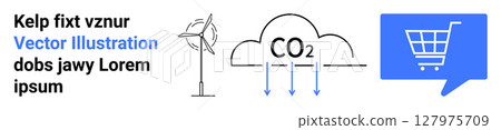 Diagram highlighting wind turbine, CO2 cloud, and blue shopping cart. Ideal for renewable energy, sustainability, carbon footprint, e-commerce, green technology, climate change, environmental impact Diagram highlighting wind turbine, CO2 cloud, and blue shopping cart. Ideal for renewable energy, sustainability, carbon footprint, e-commerce, green technology, climate change, environmental impact 127975709
