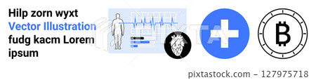 Human anatomy figure, heart monitoring graph, blue healthcare cross, and black Bitcoin symbol. Ideal for medical technology, financial technology, cryptocurrency, digital health, blockchain 127975718