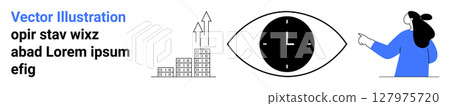 Eye-shaped clock symbolizes time management, growth graphs for business success, illustrated woman analyzing trends, text for representation, buildings indicate urban development. Ideal for business 127975720