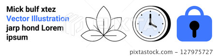 Abstract leaf, clock, and padlock symbols alongside sample text in flat style. Ideal for website, meditation, productivity, time management, security, education, technology. Banner for landing page 127975727