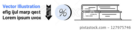 Stack of books, black sale tag with arrow, percentage symbol in blue circle. Ideal for bookshops, libraries, sales events, educational promotions, discounts, book clubs, and digital marketing 127975746