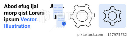 Two cogwheel icons and a checklist document with a checkmark. Ideal for workflow, process management, productivity, engineering, systems, task management, automation. Landing page 127975782