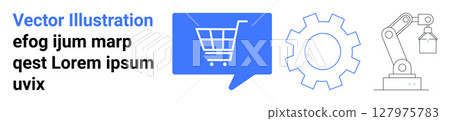 Blue speech bubble with shopping cart, gear, and robotic arm. Ideal for e-commerce, online shopping, technology, automation, engineering, industrial design, marketing. Landing page 127975783