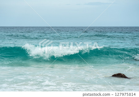 Ocean wave curls with white foam and turquoise body near the coast of La Digue, Seychelles 127975814