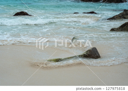A granite boulder rests at the shoreline of La Digue island in Seychelles A granite boulder rests at the shoreline of La Digue island in Seychelles 127975818