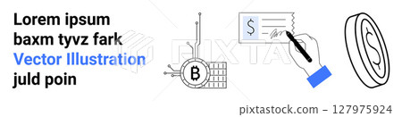 Hand signing a check, Bitcoin blockchain icon, dollar coin symbol. Ideal for fintech, cryptocurrency, digital payments, blockchain technology, financial services, online banking, investment 127975924