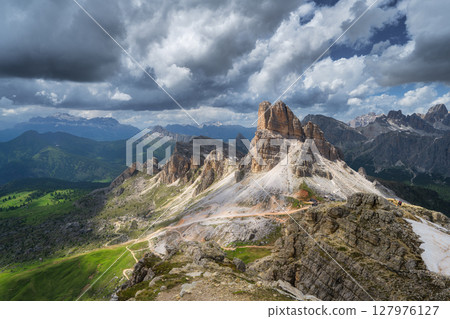 Majestic Tre Cime di Lavaredo peaks and dramatic sky in summer Majestic Tre Cime di Lavaredo peaks and dramatic sky in summer 127976127
