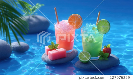 Colorful summer drinks with ice and fruit by clear blue water 127976239