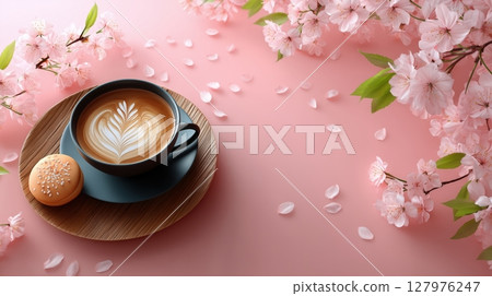 A beautiful cup of latte art coffee with a pastry among pink cherry blossoms 127976247