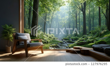 Serene living room with an armchair and a large window looking into a sunlit forest 127976295