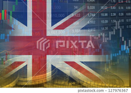 Stock market investment trading financial, coin and UK United Kingdom flag or Forex for analyze profit finance business trend data. 127976367