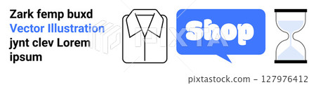Depiction of an online shopping experience featuring a shirt, a blue Shop speech bubble, and an hourglass. Ideal for e-commerce, fashion, time management, digital marketing, and retail. Banner 127976412