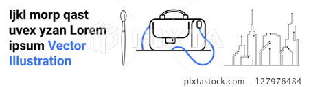 Business bag with a lock, a blue cord, paintbrush, and cityscape lines. Ideal for business, creative projects, travel, technology, art, urban planning, education. Landing page Business bag with a lock, a blue cord, paintbrush, and cityscape lines. Ideal for business, creative projects, travel, technology, art, urban planning, education. Landing page 127976484
