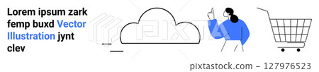 Cloud icon, person gesturing with one hand, shopping cart, and placeholder text. Ideal for e-commerce, cloud services, digital products, customer support, website design, marketing materials, online 127976523