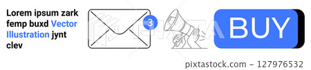 Envelope with notification, megaphone for announcements, and buy button. Ideal for marketing, e-commerce, notifications, campaigns, sales, promotions, communication strategies Landing page 127976532