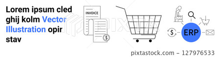 Digital icons representing an invoice document, shopping cart, and ERP interface with symbols for quality checks, payment, and email communication. Ideal for finance, e-commerce, business management 127976533