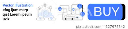Cloud network connected to devices, text placeholder, data flow symbols, and striking blue BUY button highlight e-commerce and digital integration. Ideal for online stores, tech websites, digital 127976542