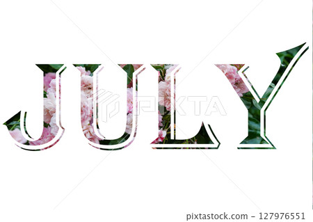The word "JULY" with a floral texture fill, showcasing pink flowers and green leaves inside the letters, white background 127976551