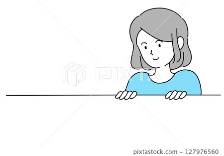 Vector illustration of a smiling woman peering down from above and looking down at something Vector illustration of a smiling woman peering down from above and looking down at something 127976560