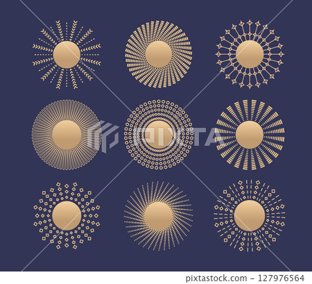Luxury summer circle sunburst, bohemian sun designs. Vintage sunbeam line vector set. Luxury summer circle sunburst, bohemian sun designs. Vintage sunbeam line vector set. 127976564