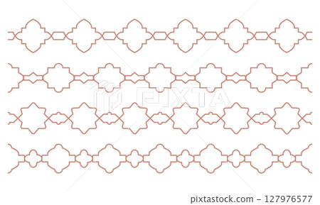 Oriental ceramic tile line arabic grid borders. Simple geometric outline boho seamless patterns with geometric decorative elements. 127976577