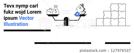 Balanced see-saw with briefcase and money bag on one side, house and heart on the other. Ideal for employment, work-life balance, health, financial planning, real estate, wellness, workplace. Landing 127976587