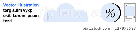 Cloud icon, percentage symbol, and smartphone screen showcasing text elements. Ideal for technology, finance, marketing, mobile apps, web development, data storage, cloud services. Landing page 127976588