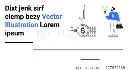 Man holding a lightbulb, Bitcoin circuit, blue and black text, placeholder lines. Ideal for cryptocurrency, fintech, innovation, business, blockchain, tech startups, education Landing page 127976589