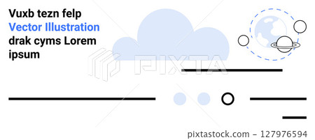 Cloud in center, space elements in right corner, placeholder text in upper left, dotted circles, horizontal lines, blue and black elements. Ideal for tech, space, minimalism, landing pages, digital 127976594