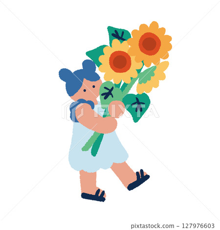 Hand-drawn flat illustration of a girl holding a sunflower 127976603