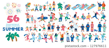 平面手繪插畫集人們享受夏天 127976611