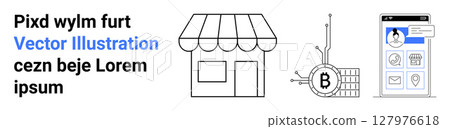 E-commerce storefront icon, Bitcoin blockchain network, and mobile app user profile on display. Ideal for websites, apps, digital wallets, fintech projects, online retail, cryptocurrency platforms 127976618
