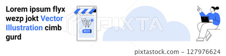 Smartphone with shopping cart icon, character sitting on cloud with laptop, text section. Ideal for e-commerce, online retail, digital marketing, mobile apps, technology blogs, web development 127976624