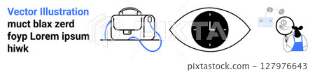 Bag with strap, eye-shaped clock with numbers, person having ideas. Ideal for business presentations, educational content, tech blogs, productivity tips, design portfolios, creative inspiration Bag with strap, eye-shaped clock with numbers, person having ideas. Ideal for business presentations, educational content, tech blogs, productivity tips, design portfolios, creative inspiration 127976643