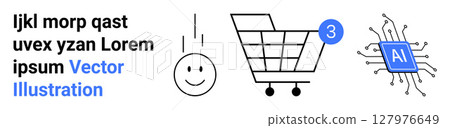 Text elements, happy face, shopping cart with notification badge, and AI microchip represent communication, technology, shopping, and artificial intelligence. Ideal for web, tech, e-commerce, AI 127976649