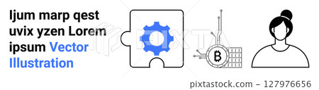 Puzzle piece with blue gear, Bitcoin symbol on circuit board, person with bun hairstyle. Ideal for technology, blockchain, finance, teamwork, IT solutions, user profiles, educational content. Landing Puzzle piece with blue gear, Bitcoin symbol on circuit board, person with bun hairstyle. Ideal for technology, blockchain, finance, teamwork, IT solutions, user profiles, educational content. Landing 127976656