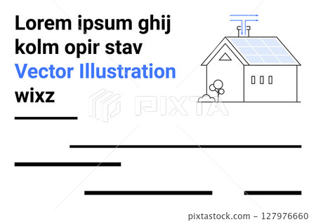 Modern house with solar panels on the roof, small tree, radio antenna. Ideal for renewable energy, eco-friendly living, home automation, technology, environment, sustainability, green building Modern house with solar panels on the roof, small tree, radio antenna. Ideal for renewable energy, eco-friendly living, home automation, technology, environment, sustainability, green building 127976660