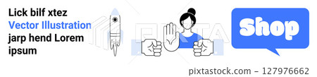 Text and rocket on the left, three hand gestures in the middle, shop speech bubble on the right. Ideal for business communication, online shopping, teamwork, technology, digital marketing. Banner for 127976662