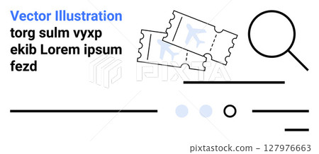 Plane tickets, magnifying glass, interface search elements. Ideal for travel booking, online ticketing, vacation planning, travel websites, UI design, tourism marketing, and landing page 127976663