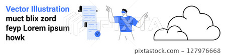 Vector graphic featuring a man in blue gesturing, two documents with a seal, and a cloud outline. Ideal for presentations, infographics, marketing materials, websites, blogs, e-learning, and social 127976668