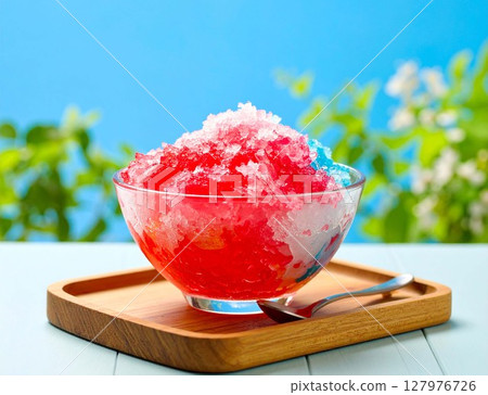 草莓糖漿刨冰和涼爽的夏日餐桌場景 草莓糖漿刨冰和涼爽的夏日餐桌場景 127976726