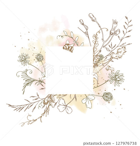 Square floral frame with subtle watercolor splashes and fine line botanical drawings. Includes wild herbs, flowers, and bee. Ideal for eco-themed branding, cards, or packaging labels. Square floral frame with subtle watercolor splashes and fine line botanical drawings. Includes wild herbs, flowers, and bee. Ideal for eco-themed branding, cards, or packaging labels. 127976738