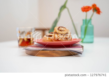 Delicious bread, coffee and glasses Delicious bread, coffee and glasses 127976741