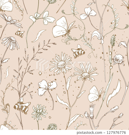 Seamless botanical line art pattern with wildflowers, bees, herbs, and leaves on soft beige background. Hand-drawn minimal floral design perfect for fabric, packaging, eco branding, stationery. 127976776