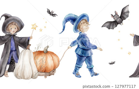 Seamless banner or border for Halloween with wizard in a hat and cloak with a magic wand with stars and pumpkin. Hand drawn fantasy illustration for kids' design Seamless banner or border for Halloween with wizard in a hat and cloak with a magic wand with stars and pumpkin. Hand drawn fantasy illustration for kids' design 127977117