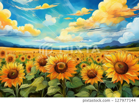 向日葵田和藍天的夏日風景插圖 向日葵田和藍天的夏日風景插圖 127977144
