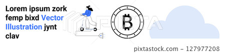 Person riding an electric scooter, Bitcoin symbol, and a cloud icon. Ideal for urban technology, finance, digital currency, cloud storage, smart transportation, fintech, and modern lifestyle. Landing 127977208