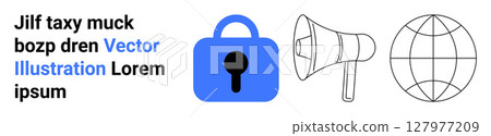 Blue lock, megaphone, globe connected by lines. Ideal for cybersecurity, global connectivity, online safety, digital marketing, global communication, information security, tech industry content 127977209